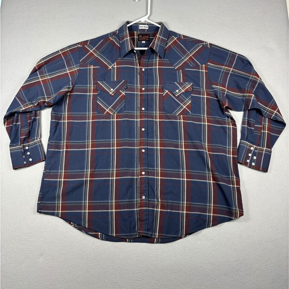 Plains Western Wear Big Man Plaid Pearl Snap Shirt 2X Blue Burgundy